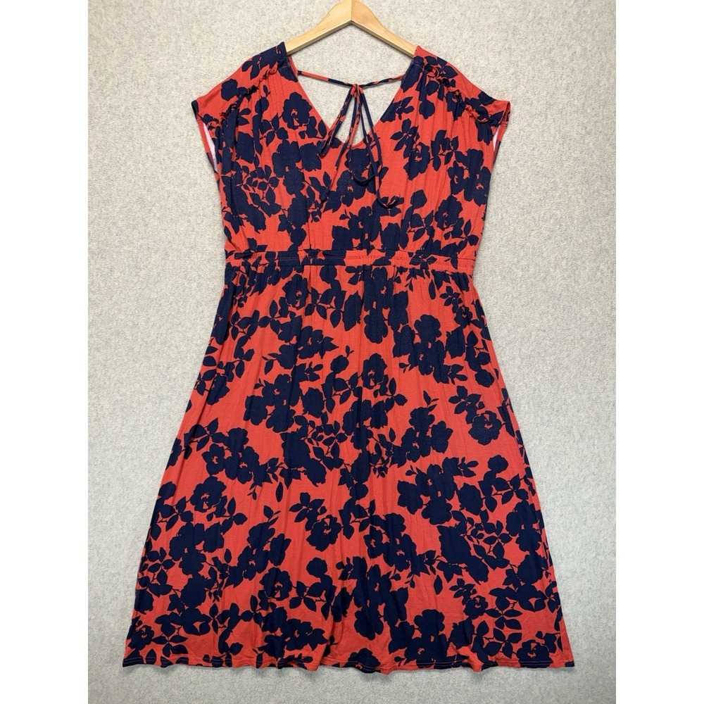 LOFT Women's XL Red Navy Floral Knit Dress Tie Back Short Sleeve Midi